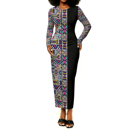African Ndebele Art Patterns Long Sleeve Bodycon Dress Black Half Style
