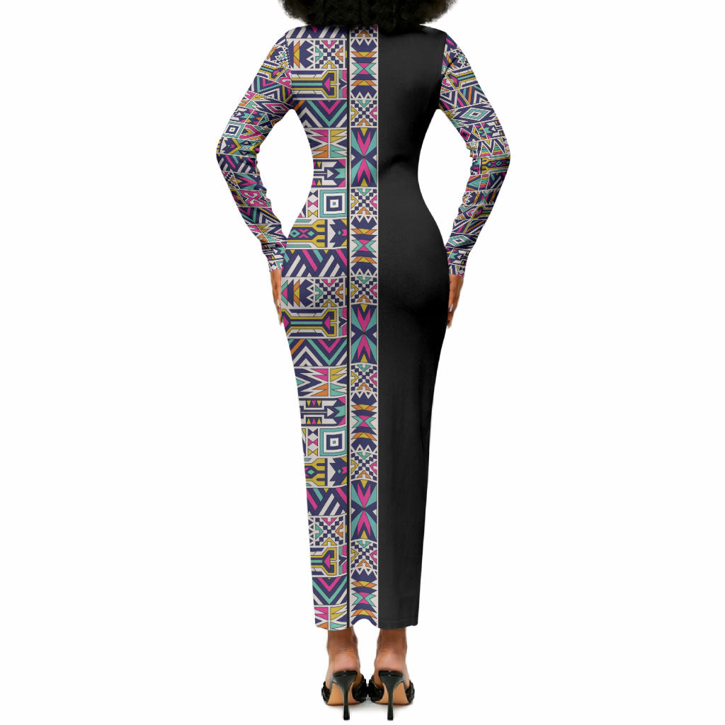 African Ndebele Art Patterns Long Sleeve Bodycon Dress Black Half Style
