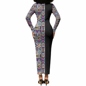 African Ndebele Art Patterns Long Sleeve Bodycon Dress Black Half Style