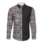 African Ndebele Art Patterns Long Sleeve Button Shirt Black Half Style