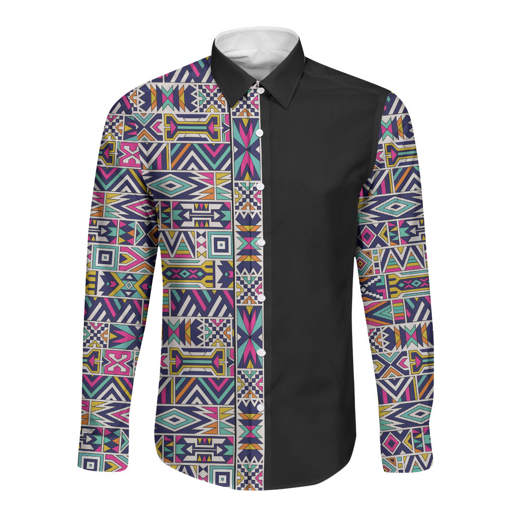 African Ndebele Art Patterns Long Sleeve Button Shirt Black Half Style