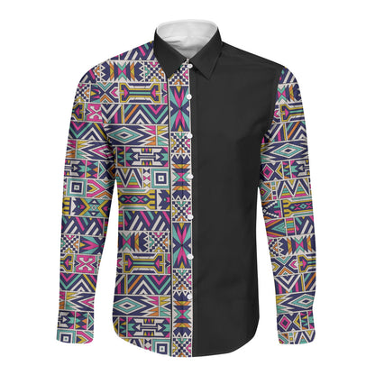 African Ndebele Art Patterns Long Sleeve Button Shirt Black Half Style