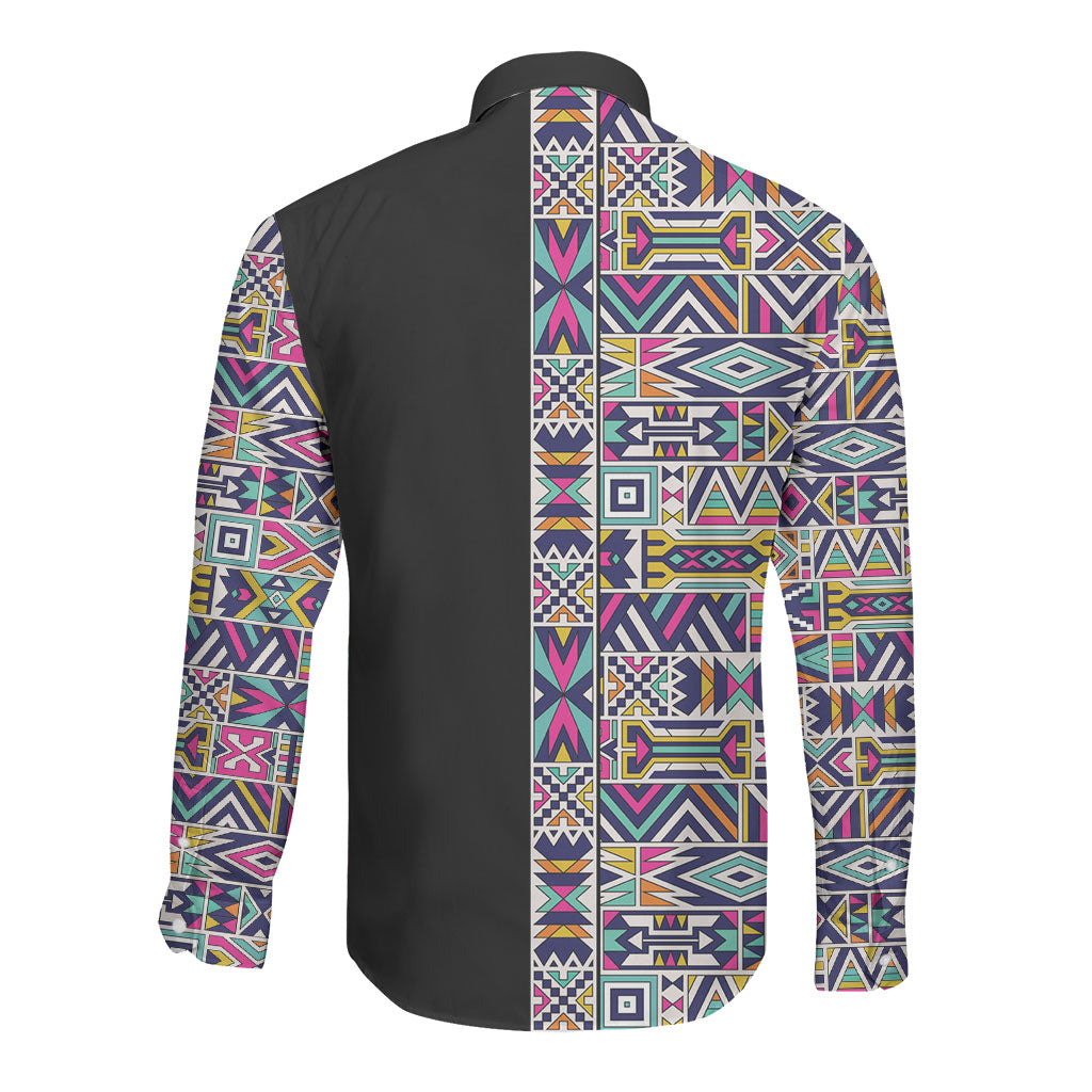 African Ndebele Art Patterns Long Sleeve Button Shirt Black Half Style