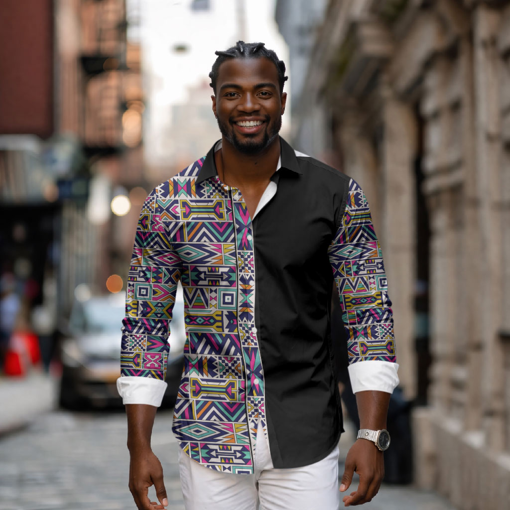 African Ndebele Art Patterns Long Sleeve Button Shirt Black Half Style
