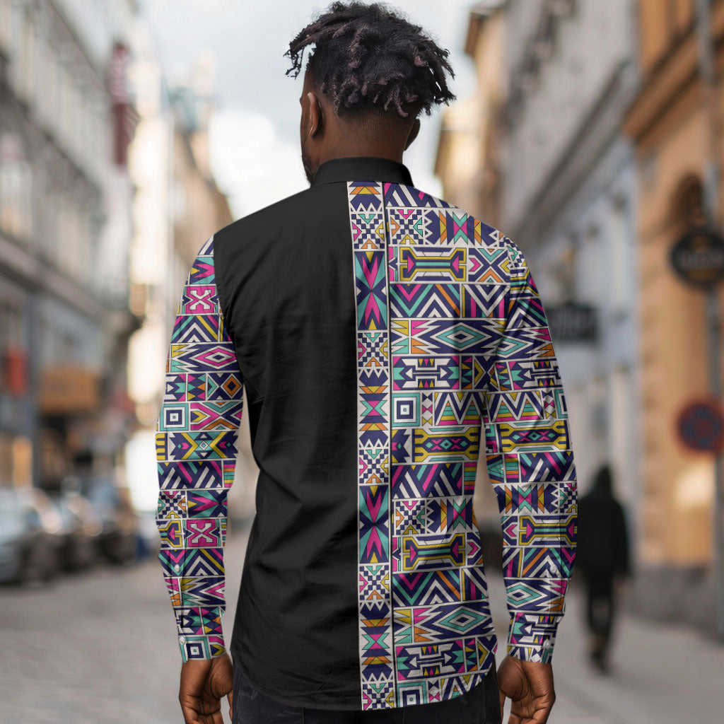 African Ndebele Art Patterns Long Sleeve Button Shirt Black Half Style