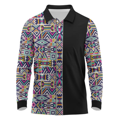 African Ndebele Art Patterns Long Sleeve Polo Shirt Black Half Style