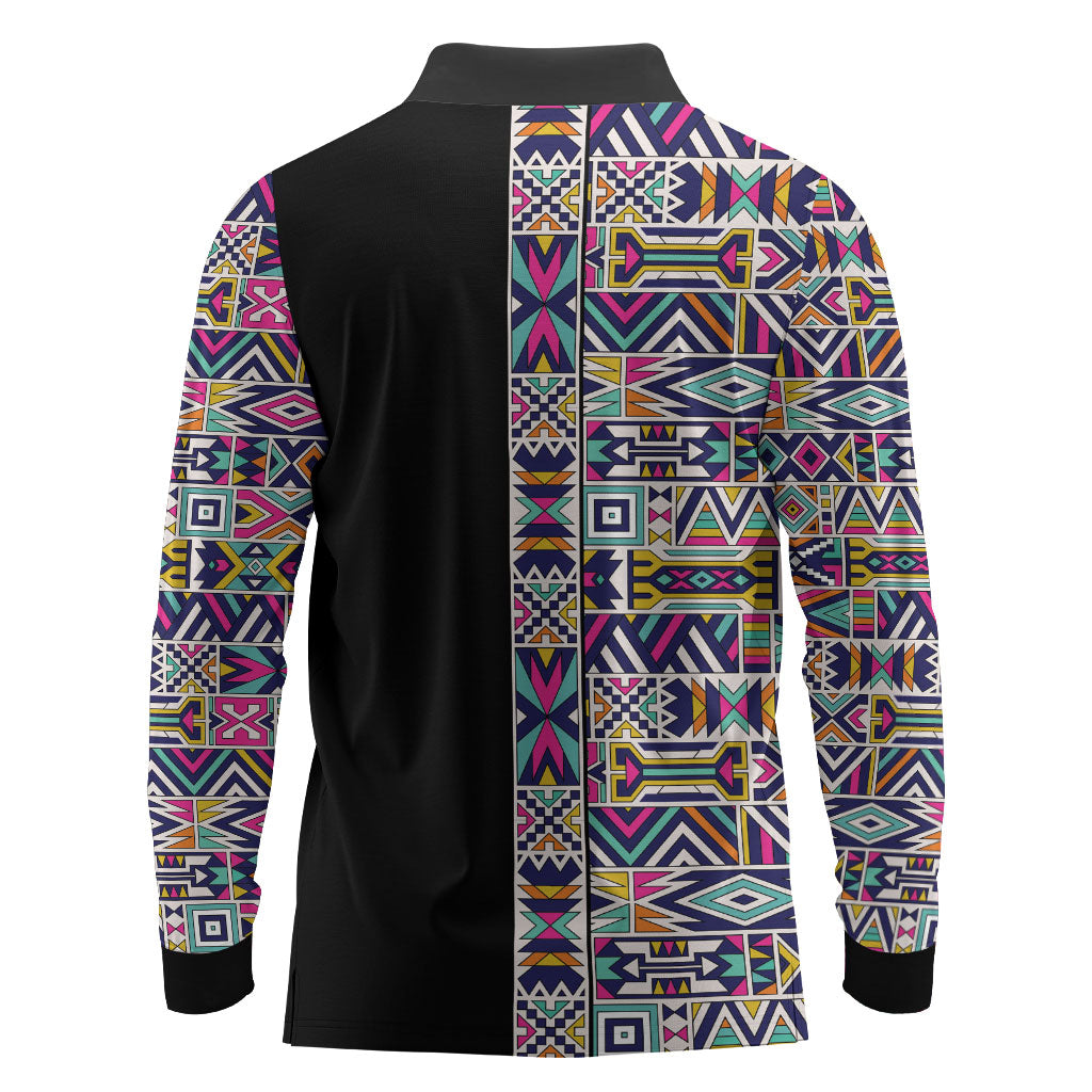 African Ndebele Art Patterns Long Sleeve Polo Shirt Black Half Style