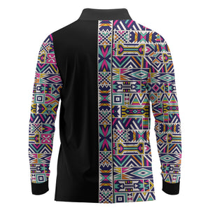 African Ndebele Art Patterns Long Sleeve Polo Shirt Black Half Style