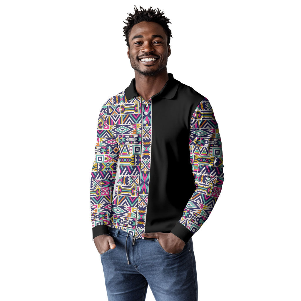 African Ndebele Art Patterns Long Sleeve Polo Shirt Black Half Style