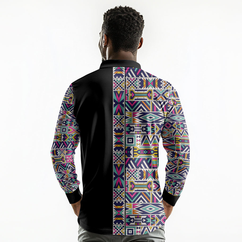 African Ndebele Art Patterns Long Sleeve Polo Shirt Black Half Style