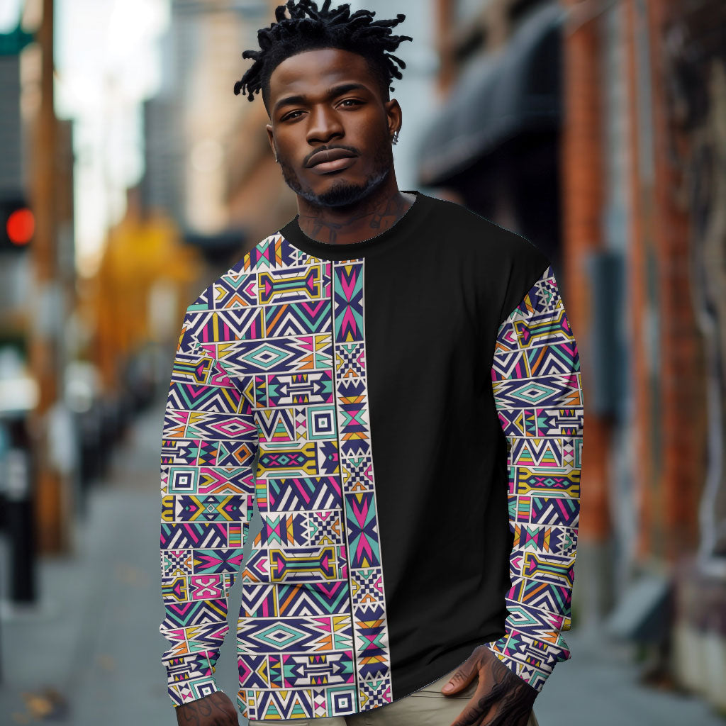 African Ndebele Art Patterns Long Sleeve Shirt Black Half Style