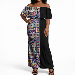 African Ndebele Art Patterns Off Shoulder Maxi Dress Black Half Style