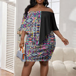 African Ndebele Art Patterns Off Shoulder Short Dress Black Half Style