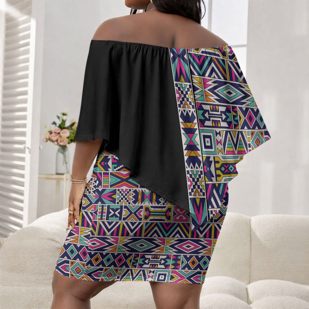 African Ndebele Art Patterns Off Shoulder Short Dress Black Half Style