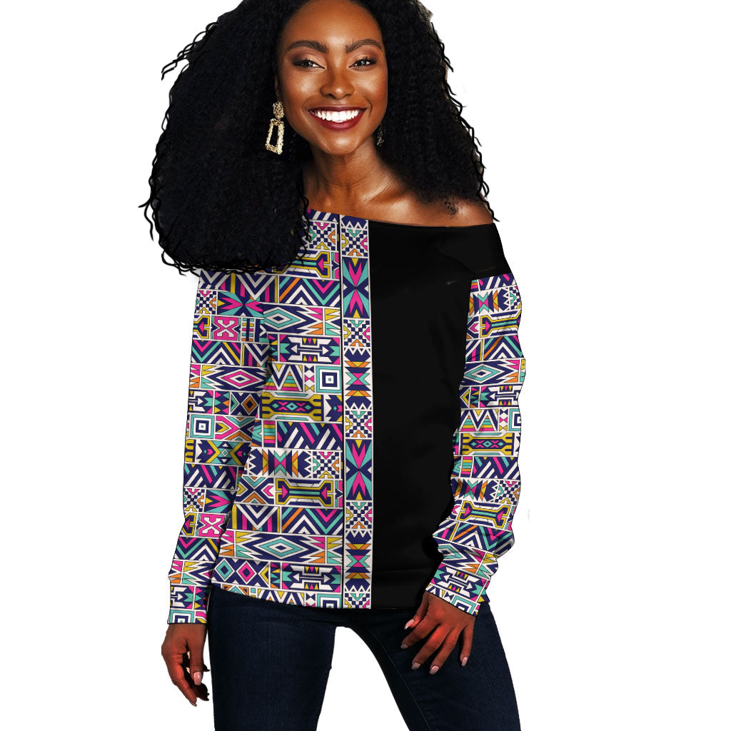 African Ndebele Art Patterns Off Shoulder Sweater Black Half Style