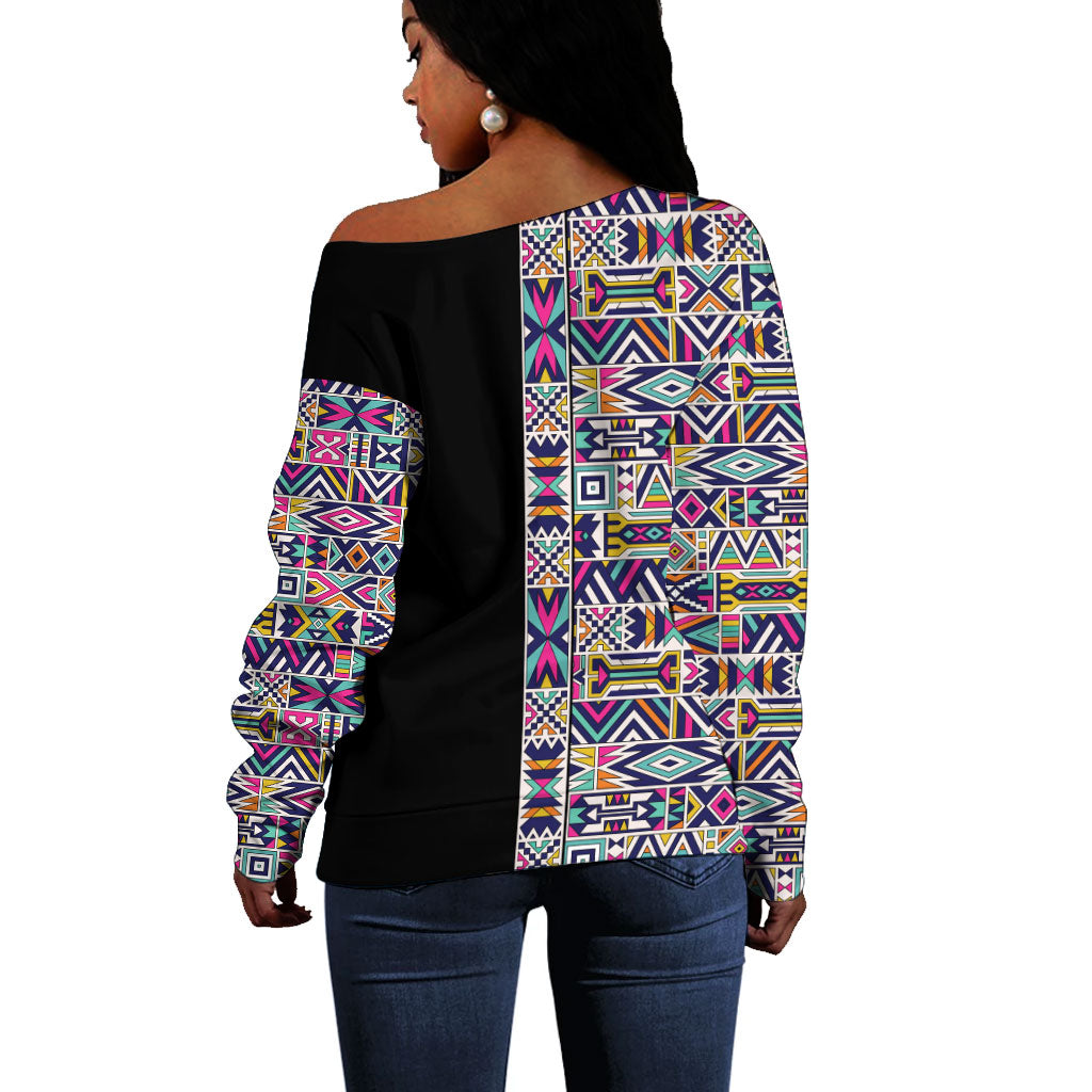 African Ndebele Art Patterns Off Shoulder Sweater Black Half Style