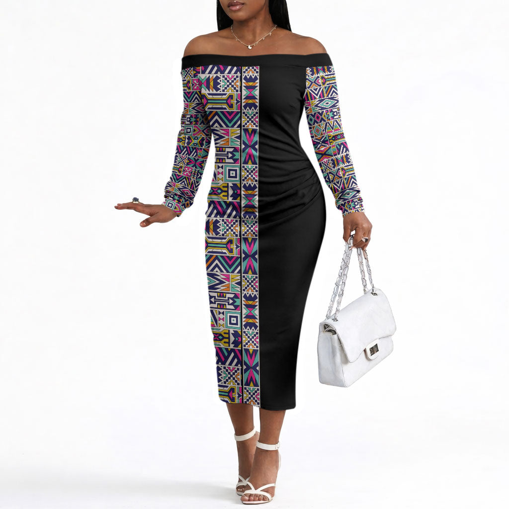 African Ndebele Art Patterns Off The Shoulder Long Sleeve Dress Black Half Style