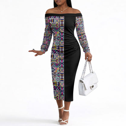 African Ndebele Art Patterns Off The Shoulder Long Sleeve Dress Black Half Style