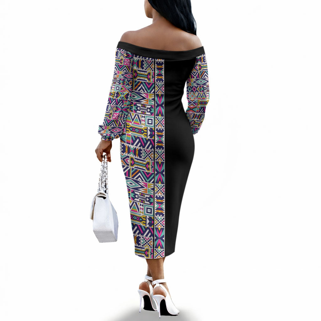 African Ndebele Art Patterns Off The Shoulder Long Sleeve Dress Black Half Style