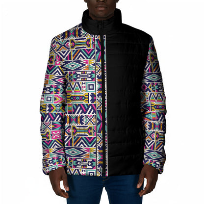 African Ndebele Art Patterns Padded Jacket Black Half Style