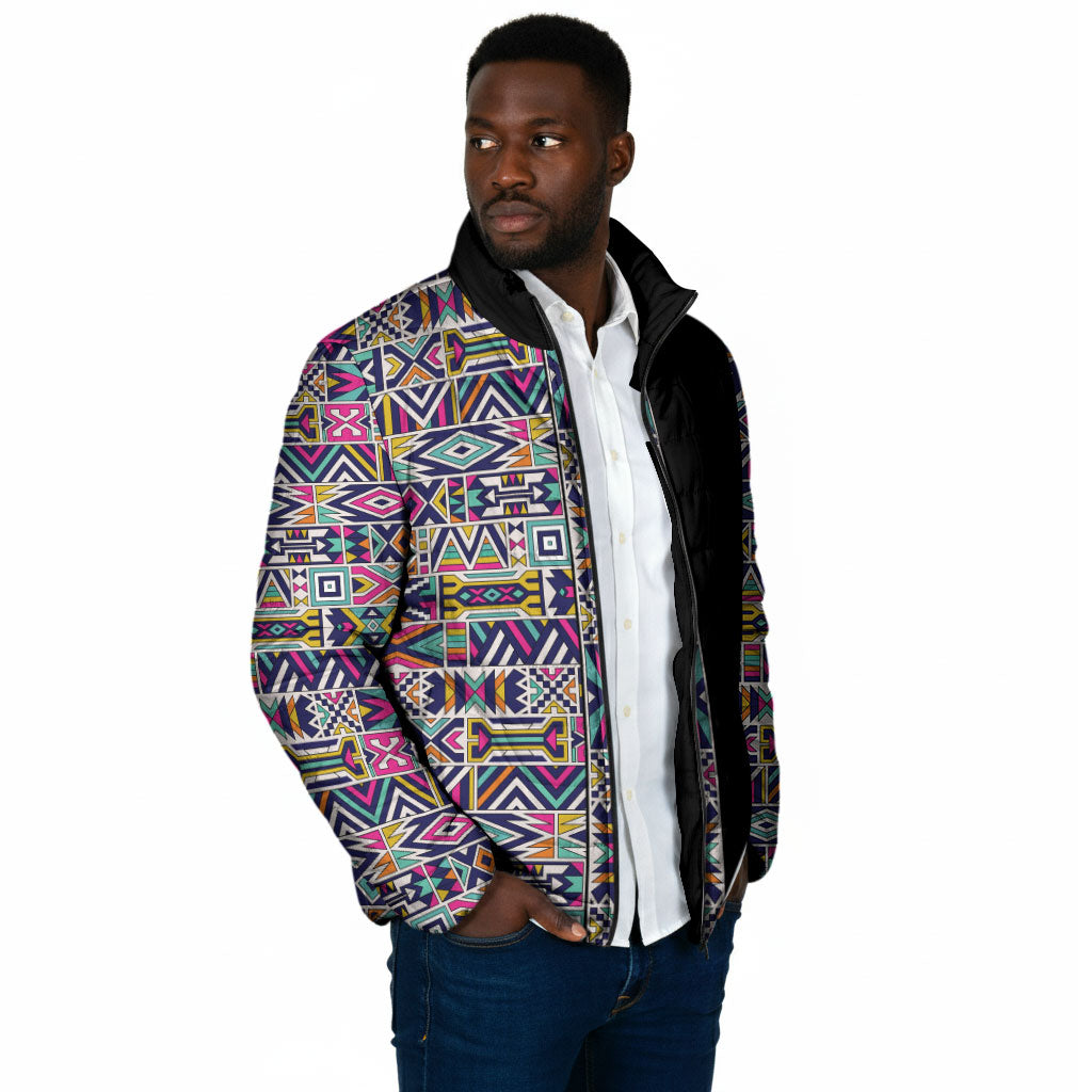 African Ndebele Art Patterns Padded Jacket Black Half Style