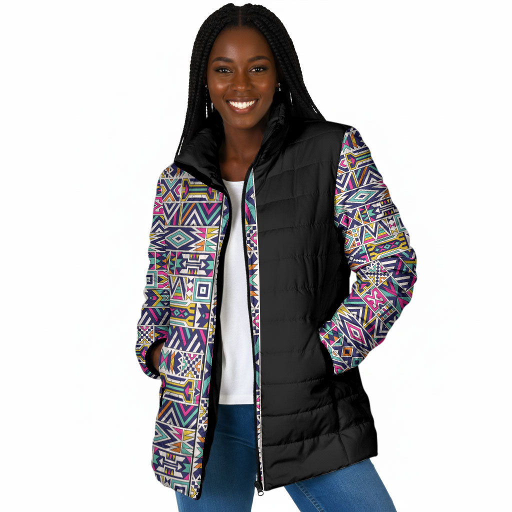African Ndebele Art Patterns Padded Jacket Black Half Style