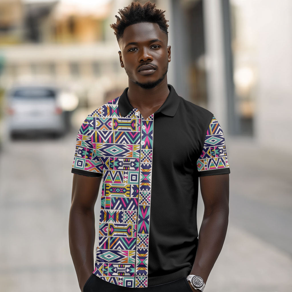 African Ndebele Art Patterns Polo Shirt Black Half Style