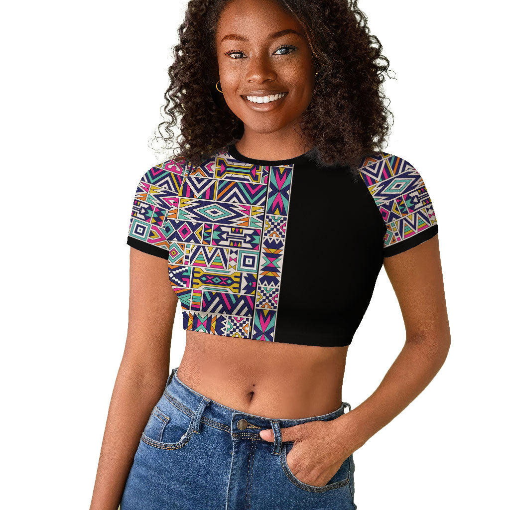 African Ndebele Art Patterns Raglan Cropped T shirt Black Half Style
