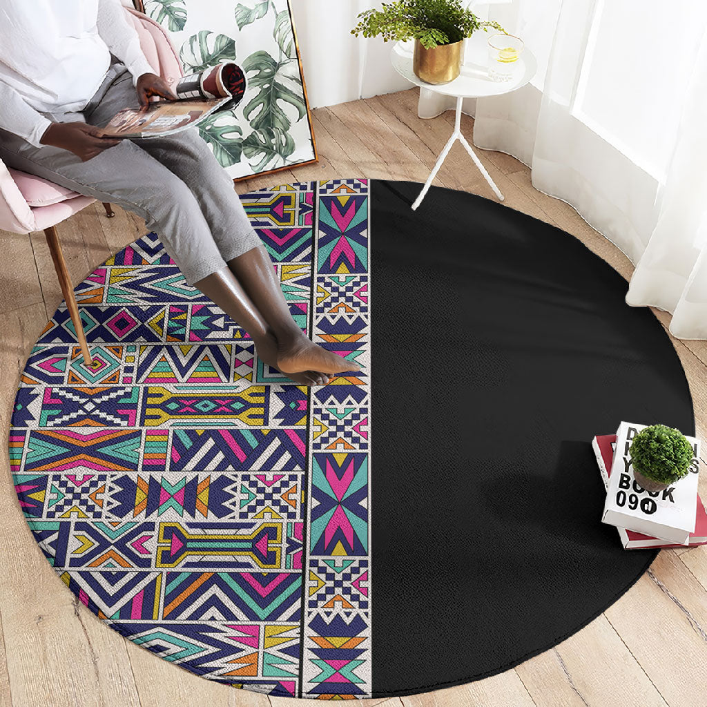 African Ndebele Art Patterns Round Carpet Black Half Style