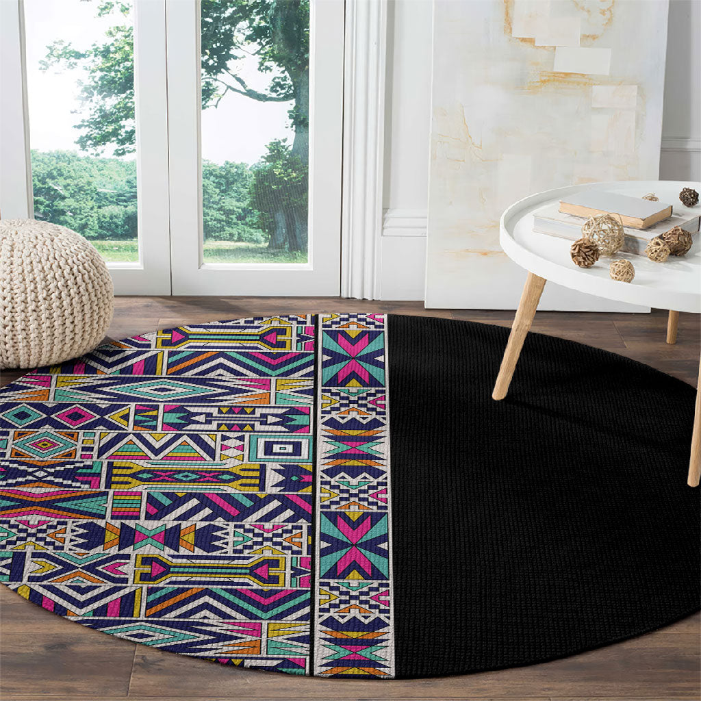 African Ndebele Art Patterns Round Carpet Black Half Style