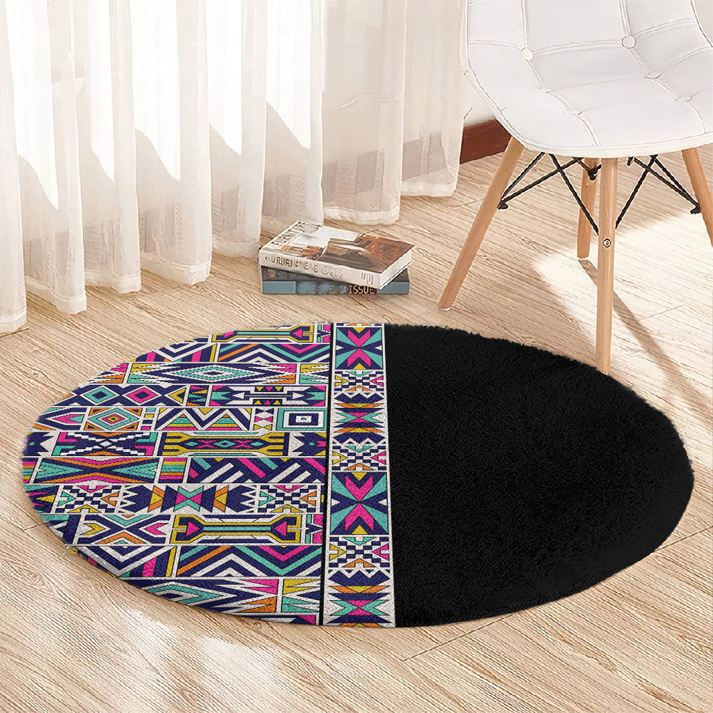 African Ndebele Art Patterns Round Carpet Black Half Style