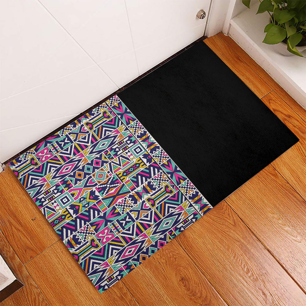 African Ndebele Art Patterns Rubber Doormat Black Half Style