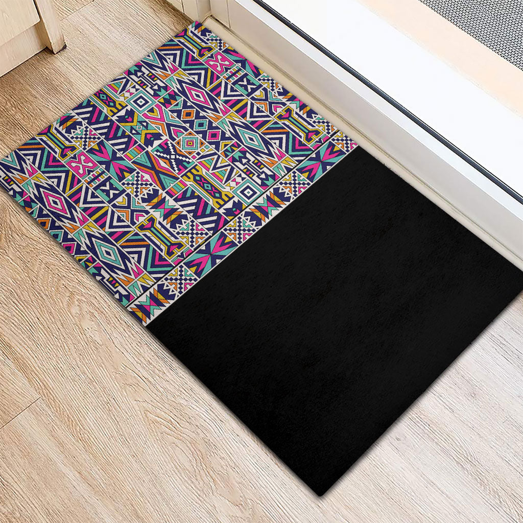 African Ndebele Art Patterns Rubber Doormat Black Half Style