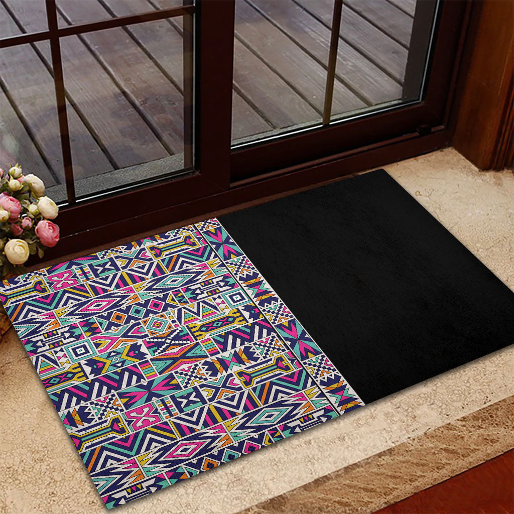African Ndebele Art Patterns Rubber Doormat Black Half Style