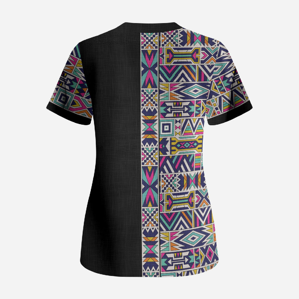 African Ndebele Art Patterns Scrub Top Black Half Style