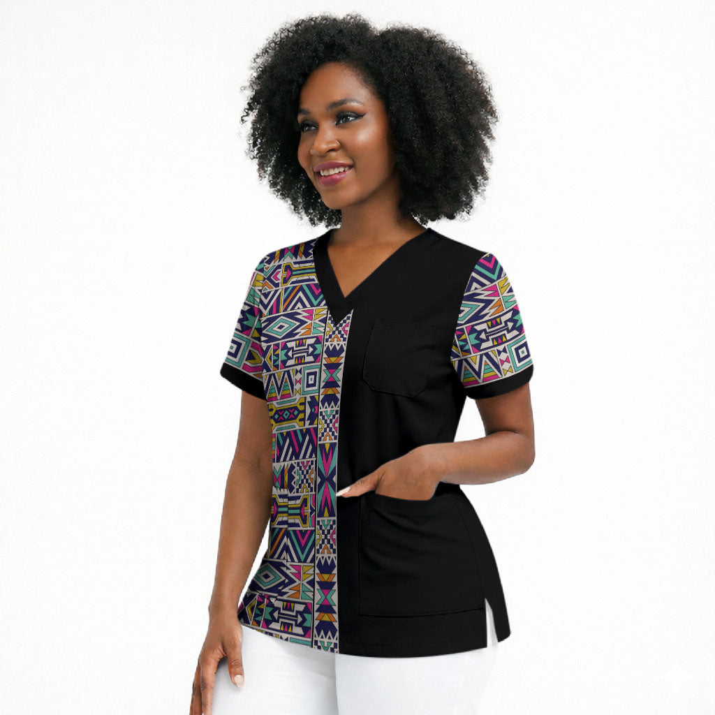 African Ndebele Art Patterns Scrub Top Black Half Style