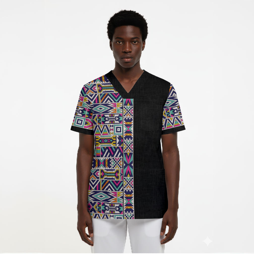 African Ndebele Art Patterns Scrub Top Black Half Style
