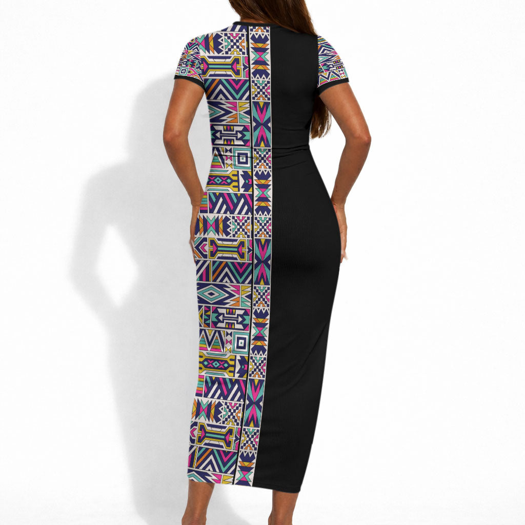 African Ndebele Art Patterns Short Sleeve Bodycon Dress Black Half Style