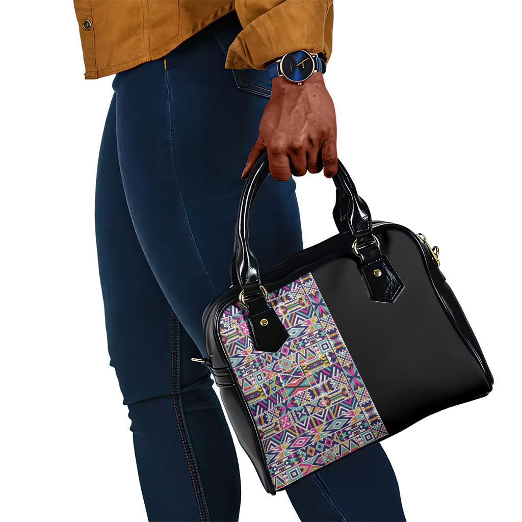 African Ndebele Art Patterns Shoulder Handbag Black Half Style