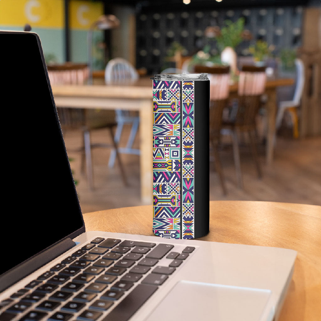 African Ndebele Art Patterns Skinny Tumbler Black Half Style