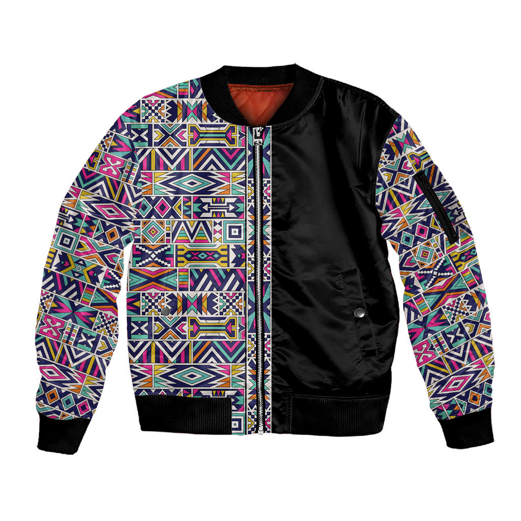 African Ndebele Art Patterns Sleeve Zip Bomber Jacket Black Half Style