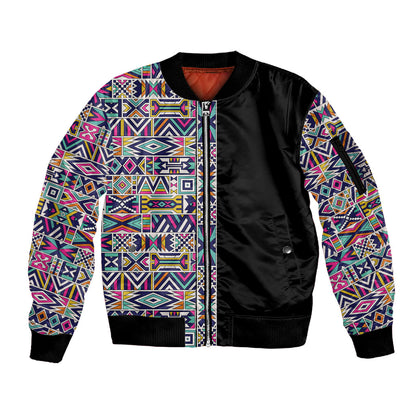 African Ndebele Art Patterns Sleeve Zip Bomber Jacket Black Half Style