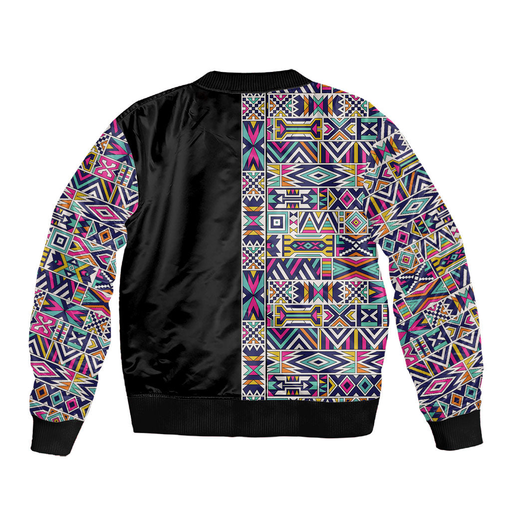 African Ndebele Art Patterns Sleeve Zip Bomber Jacket Black Half Style
