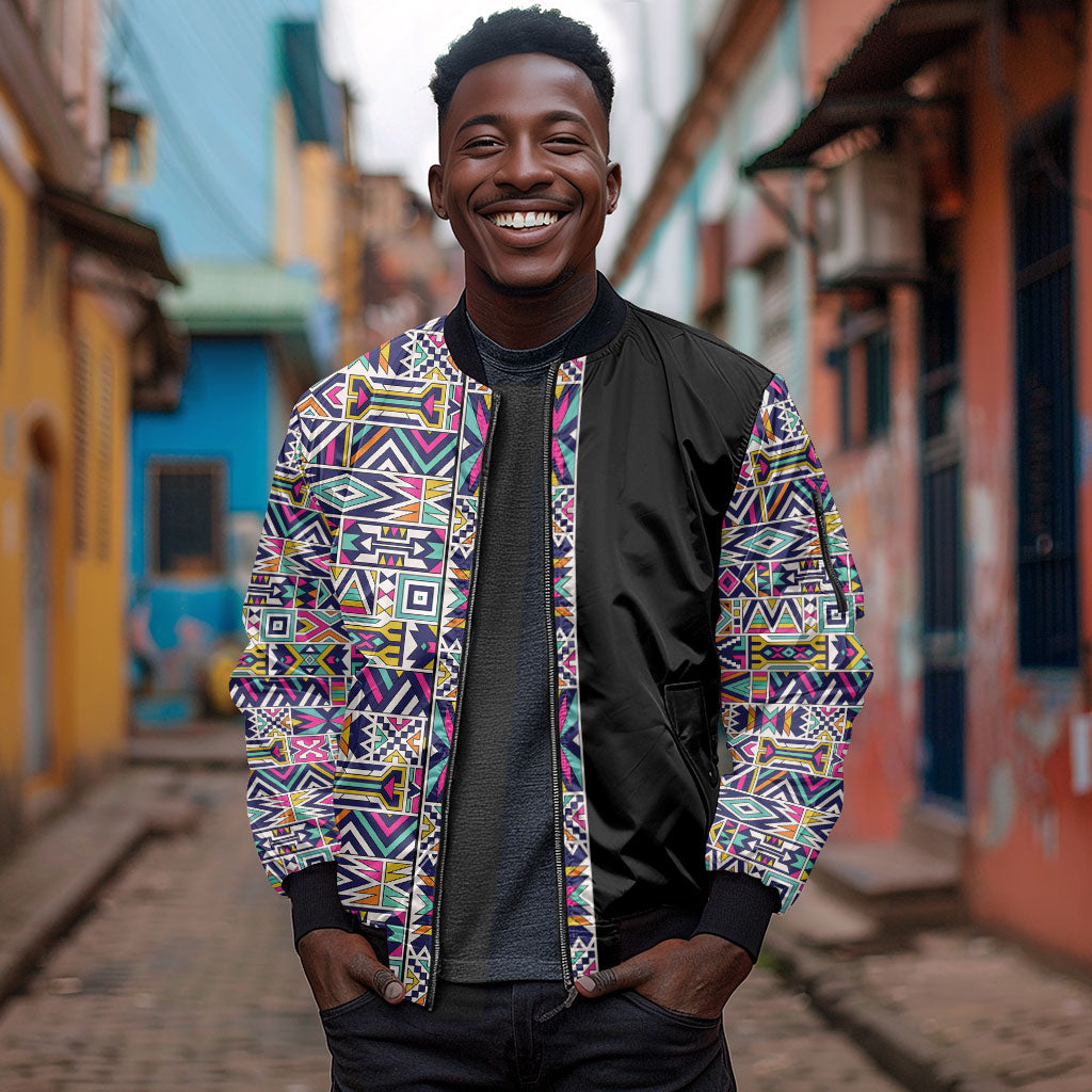 African Ndebele Art Patterns Sleeve Zip Bomber Jacket Black Half Style