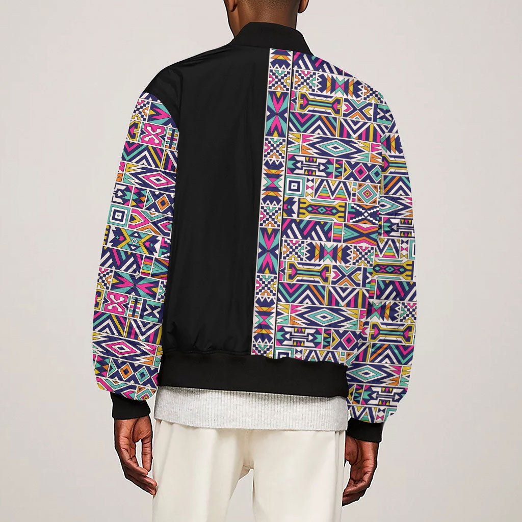 African Ndebele Art Patterns Sleeve Zip Bomber Jacket Black Half Style