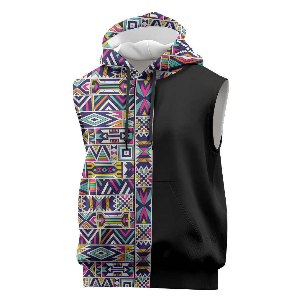 African Ndebele Art Patterns Sleeveless Hoodie Black Half Style