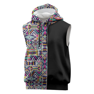African Ndebele Art Patterns Sleeveless Hoodie Black Half Style