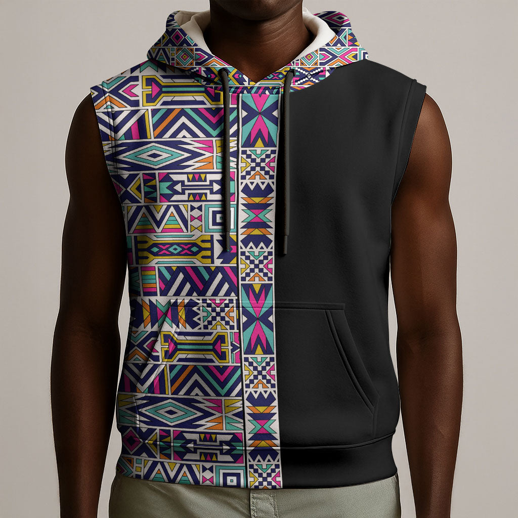 African Ndebele Art Patterns Sleeveless Hoodie Black Half Style
