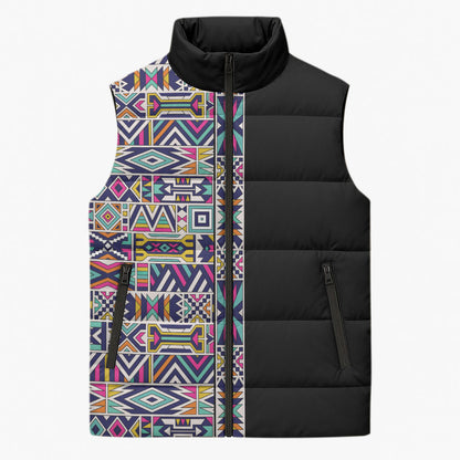African Ndebele Art Patterns Sleeveless Puffer Jacket Black Half Style