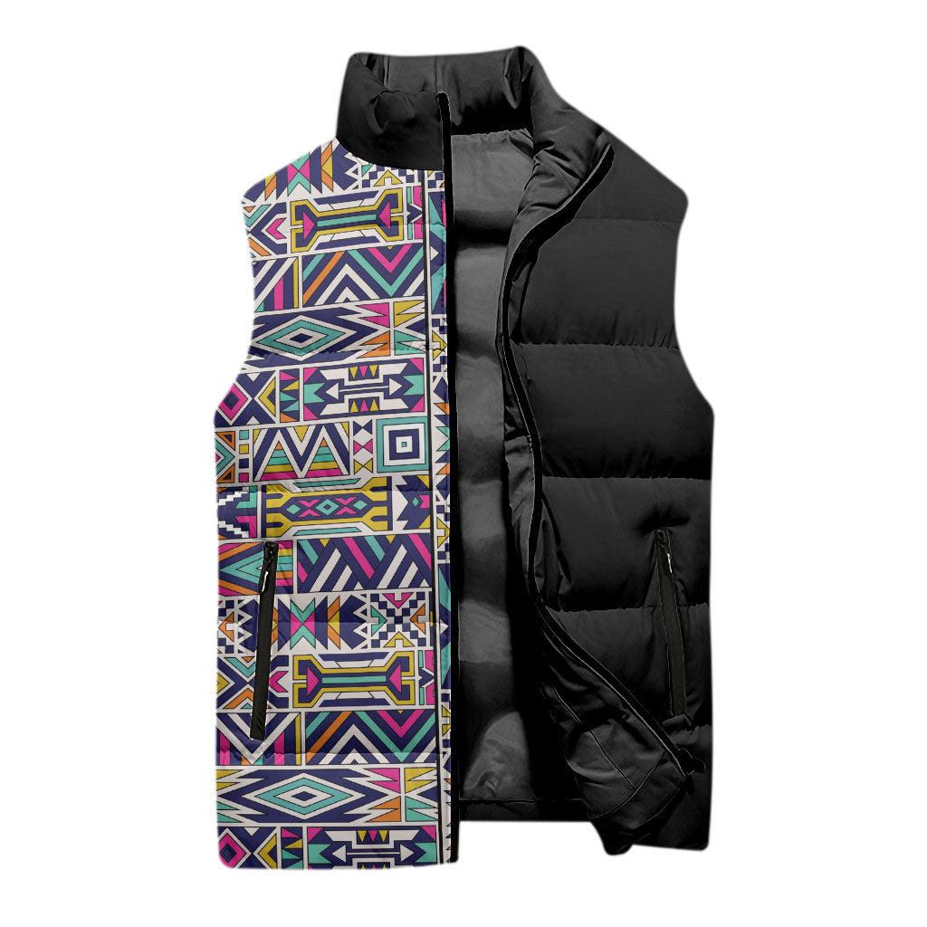 African Ndebele Art Patterns Sleeveless Puffer Jacket Black Half Style